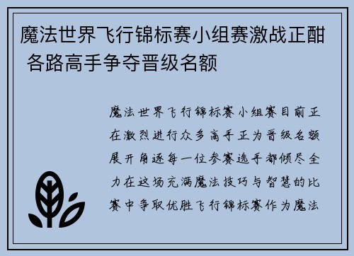 魔法世界飞行锦标赛小组赛激战正酣 各路高手争夺晋级名额