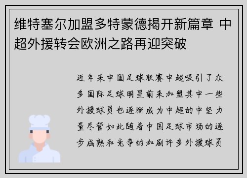 维特塞尔加盟多特蒙德揭开新篇章 中超外援转会欧洲之路再迎突破