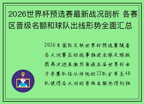 2026世界杯预选赛最新战况剖析 各赛区晋级名额和球队出线形势全面汇总